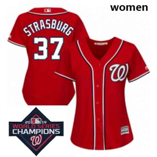 Womens Majestic Washington Nationals 37 Stephen Strasburg Red Alternate 1 Cool Base MLB Stitched 2019 World Series Champions Patch Jersey